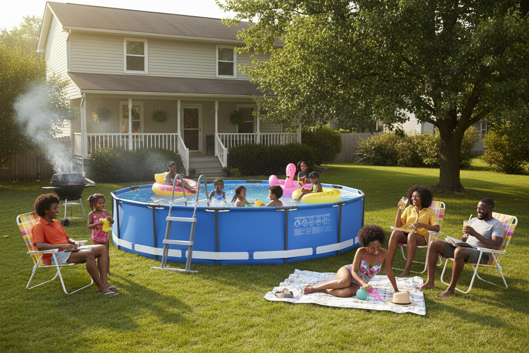 Family enjoying a backyard pool day