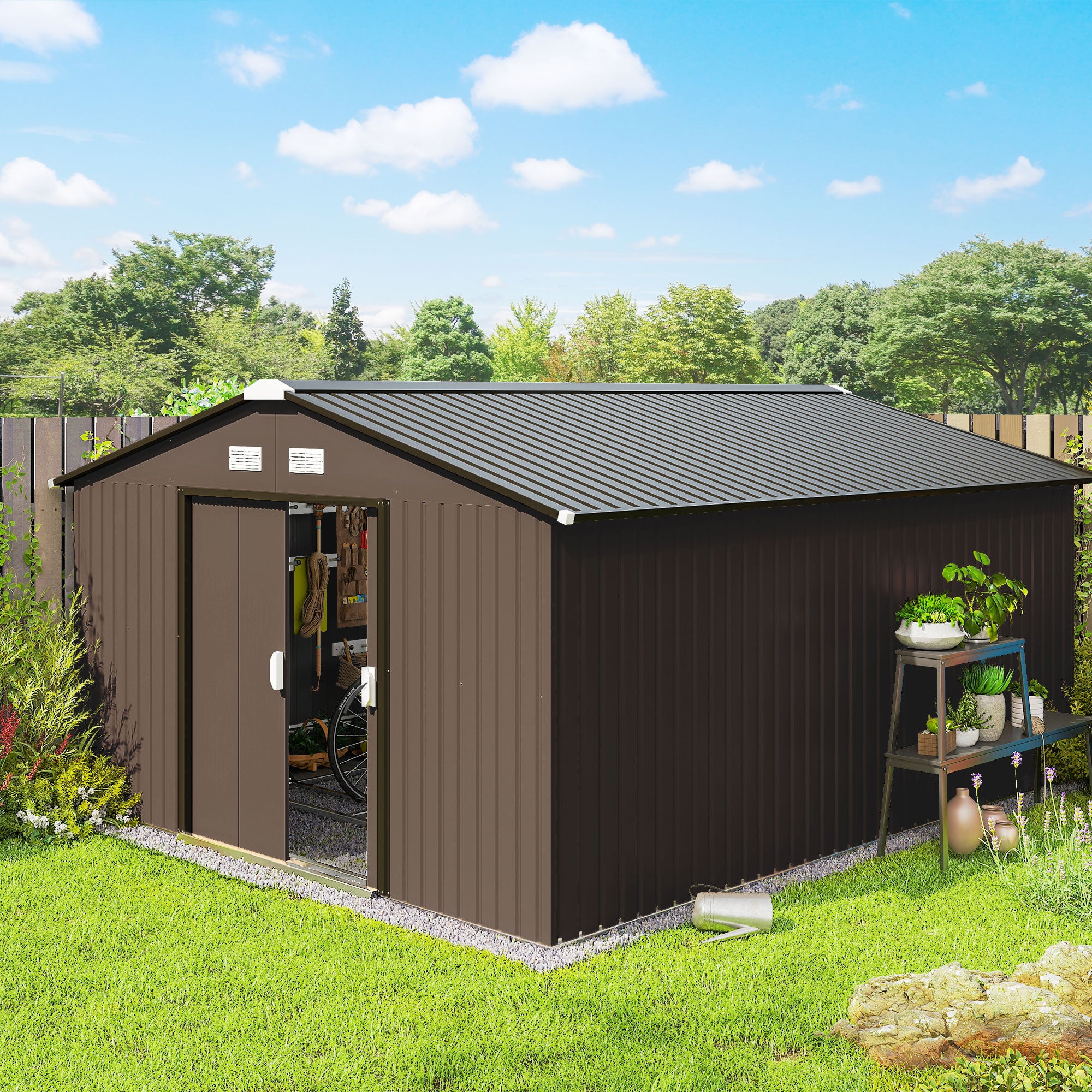 Garden Metal Shed, Storage Shed Utility Storage with Double Locking Doors for Bike, Yard Tools, Brown