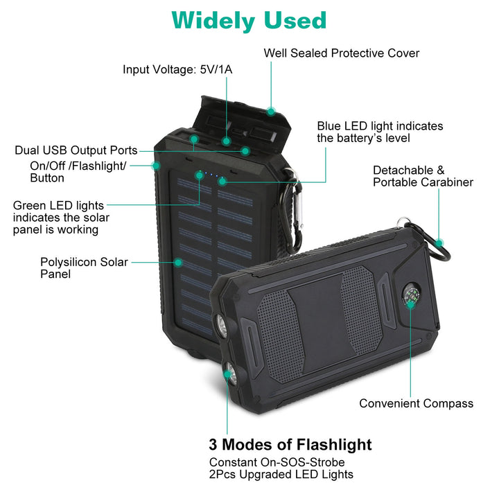 10,000mAh Solar Power Bank | Dual USB, SOS LED Flashlight &amp; Compass | Camping &amp; Hiking