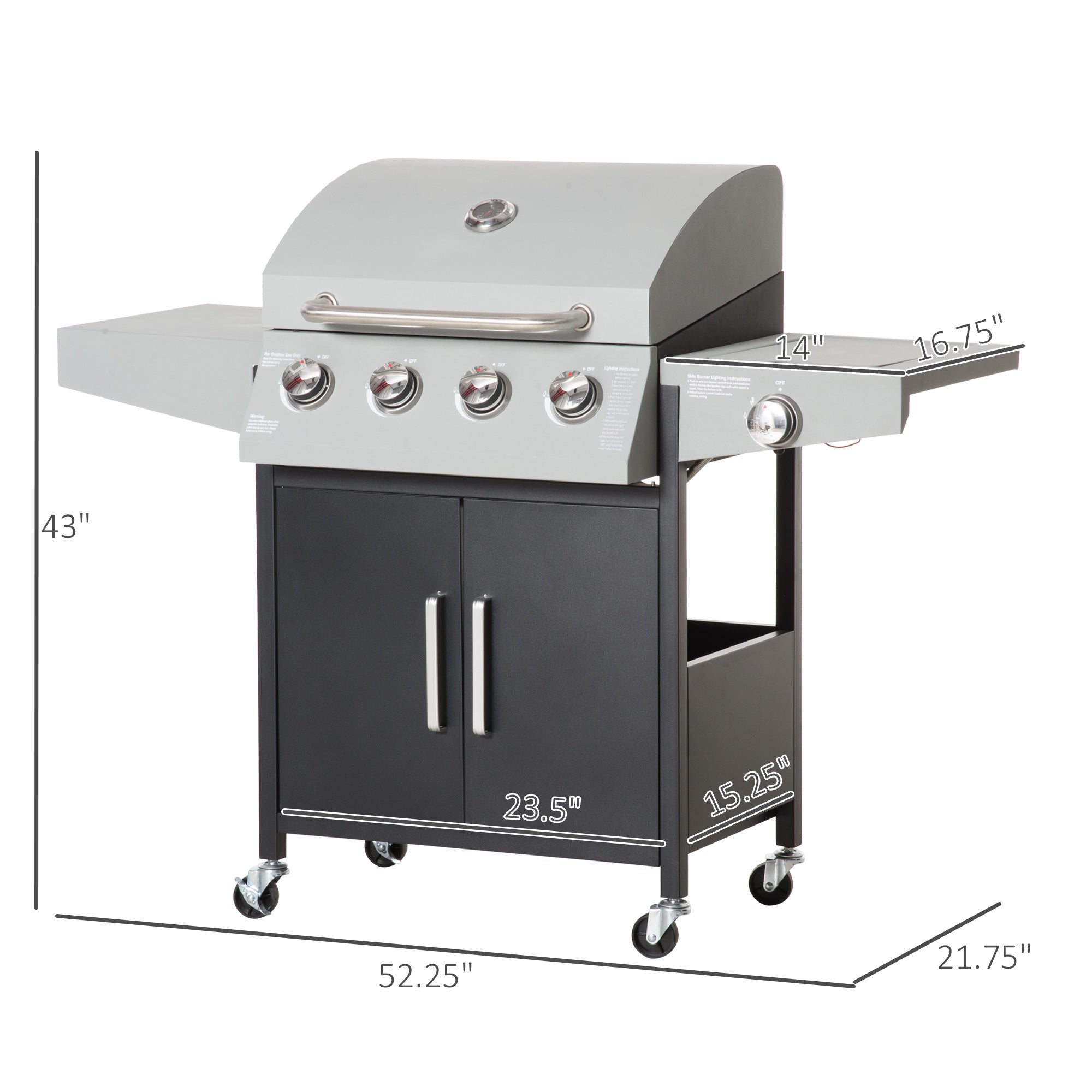52" Outdoor Propane Gas Grill, Side Burner, Warming Rack & Storage Cabinet