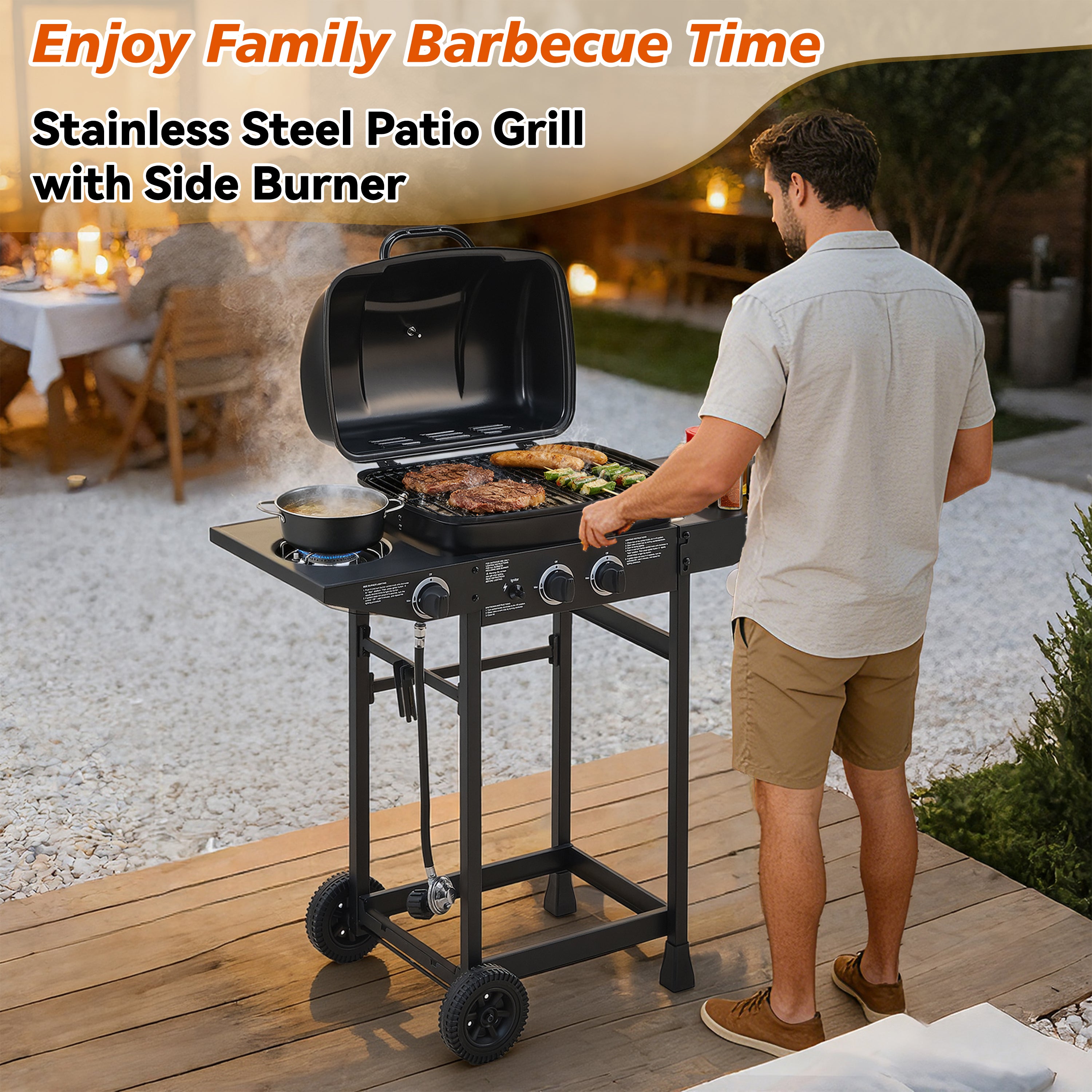 2-Burner Outdoor Propane Gas Grill | 24,000 BTU | Side Burner & Side Tables