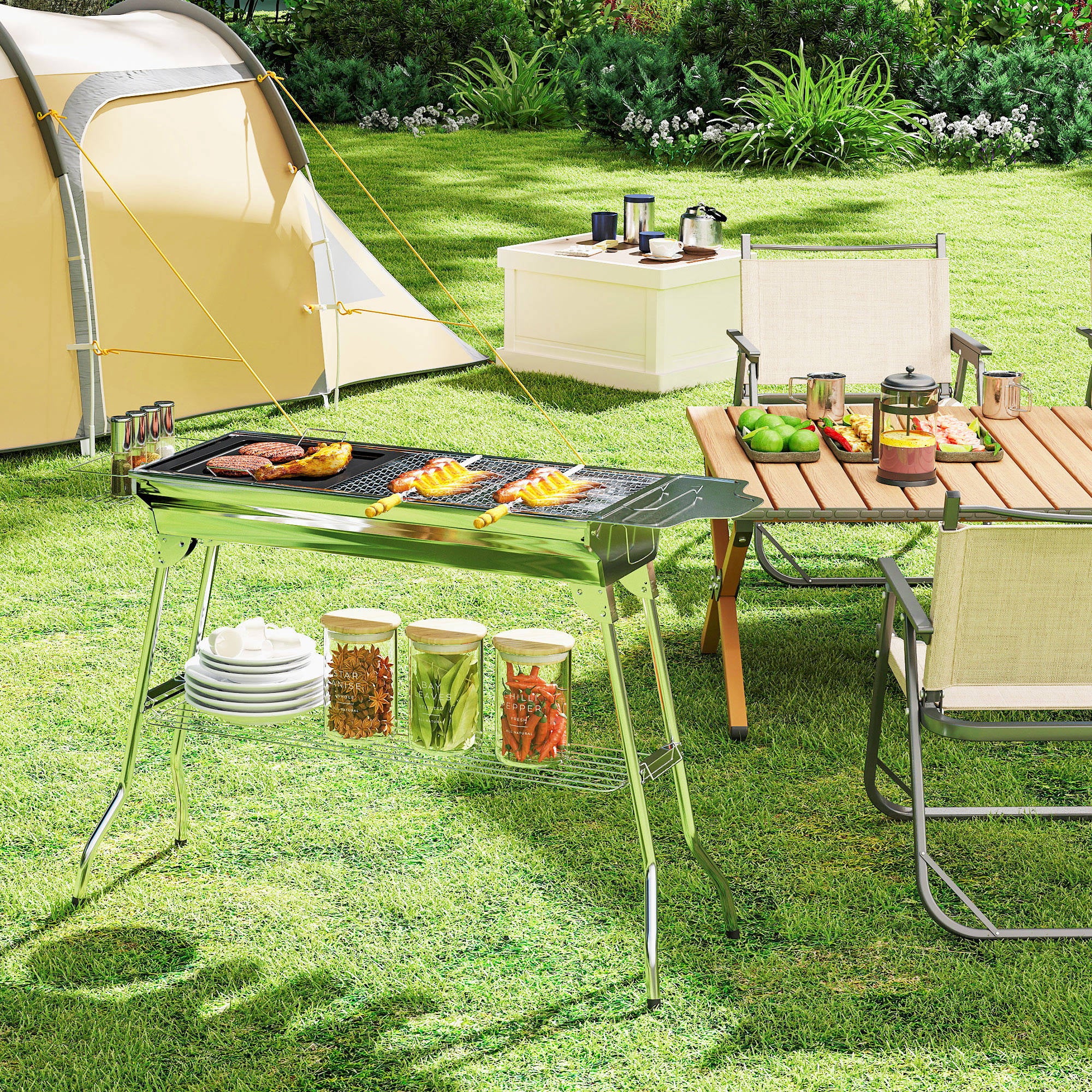 Portable Folding Stainless Steel Charcoal BBQ Grill for Camping, Tailgating & Picnics, Silver