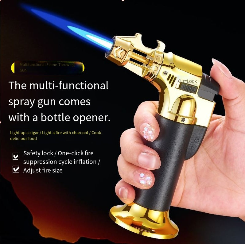 Windproof BBQ Lighter & Multi-Tool with Built-In Bottle Opener and Cigar Holder, Outdoor Portable Barbecue and Baking Kit, Black