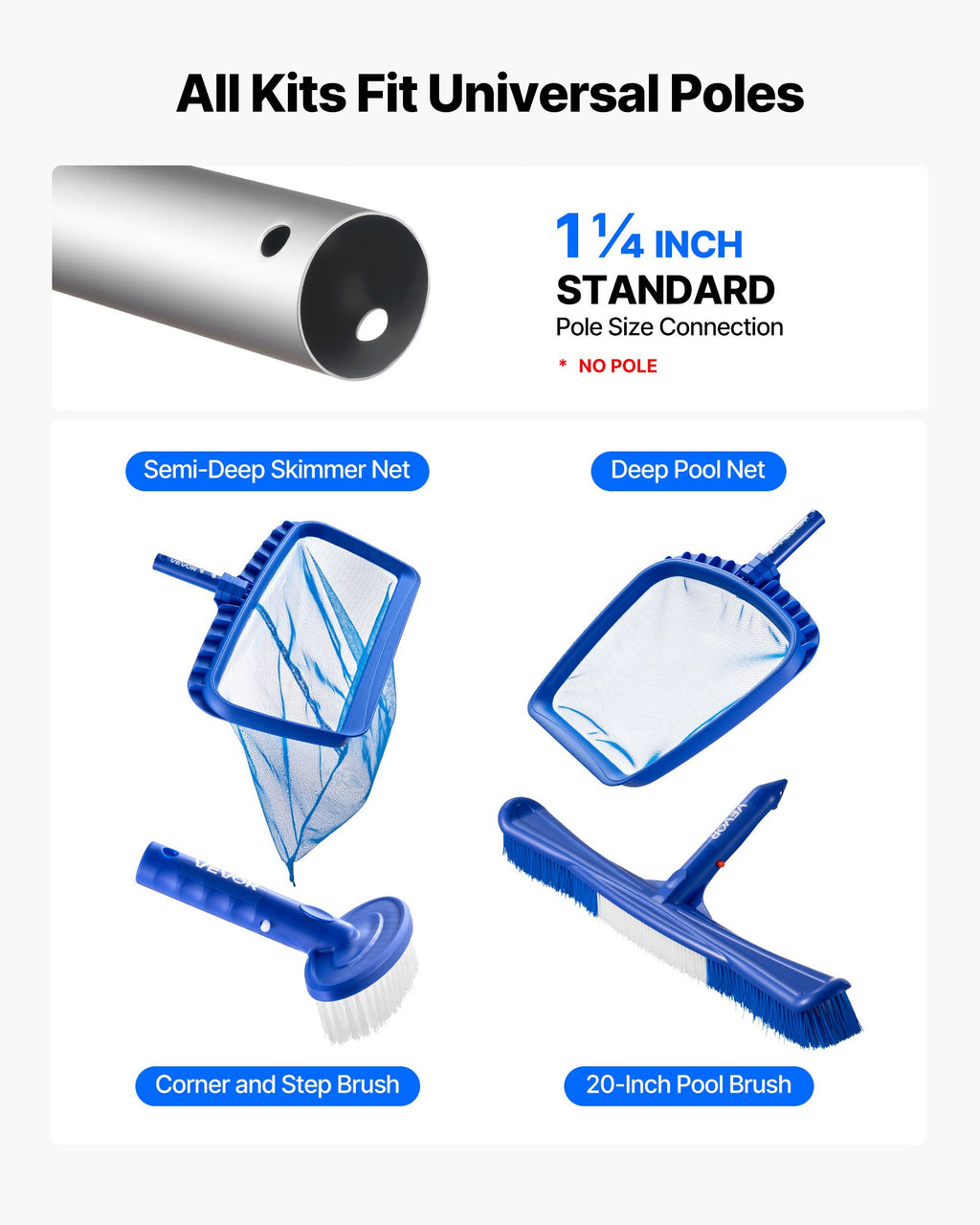 4-in-1 Pool Cleaning Kit | Deep Skimmer Net, Leaf Net & 2 Brush Heads
