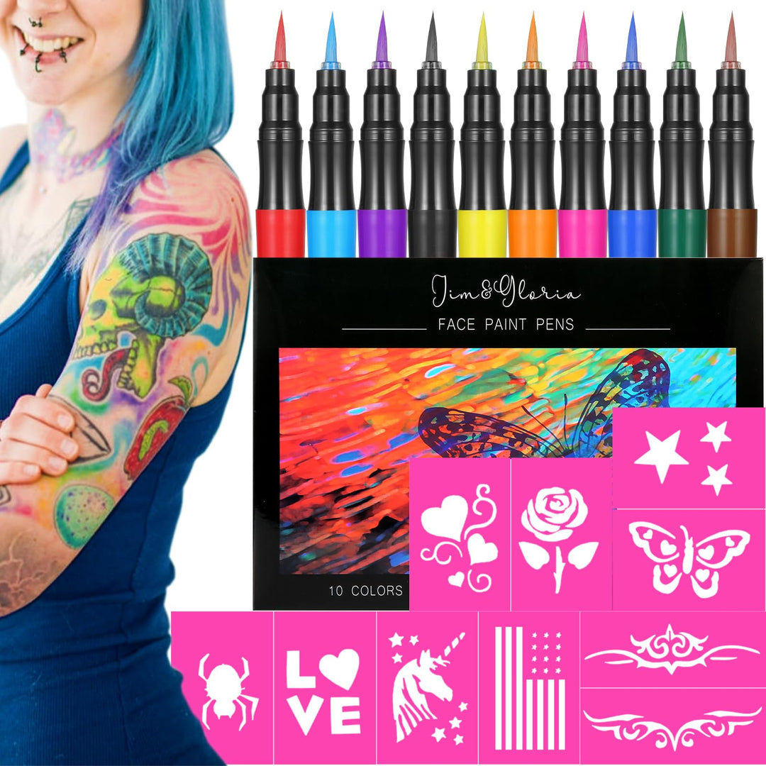 Jim&amp;Gloria Temporary Tattoo Markers for Skin Fake Tattoo Pens Washable Face Paint Body Painting Kit Stencils Art Gift for Girls Boys Adults Teen Trendy Stuff Trending Gifts For Tweens Teenage or Kids