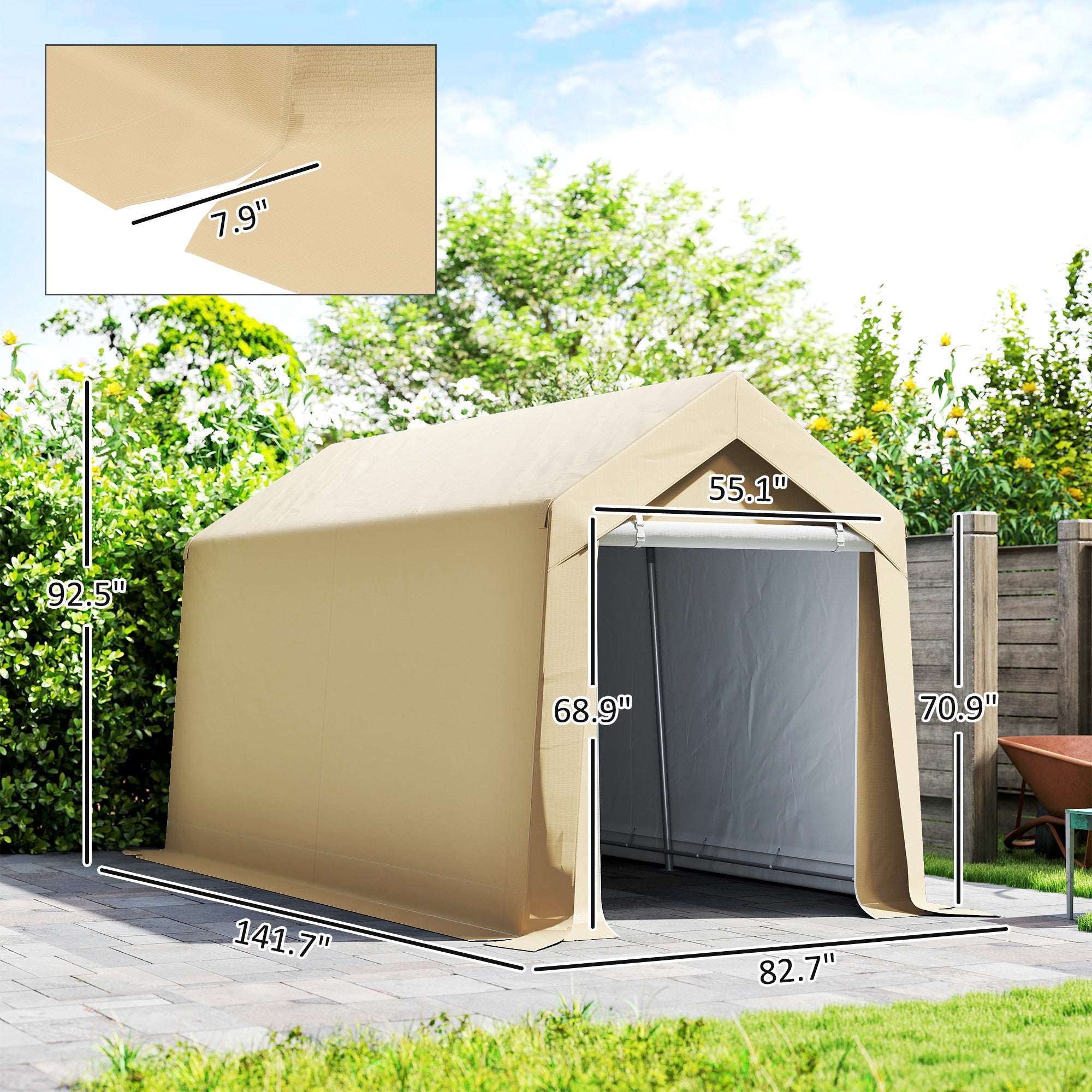 Galvanized 7' x 12' Outdoor Storage Tent, Heavy Duty and Waterproof Portable Shed for Bike, Motorcycle, Tools, Beige