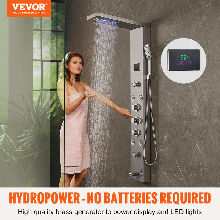Shower Panel System, 6 Shower Modes, LED &amp; Screen Hydroelectricity Shower Panel Tower, Rainfall, Waterfall, 8 Massage Jets, Tub Spout, Handheld Shower, Stainless Steel Wall-Mounted Shower Set