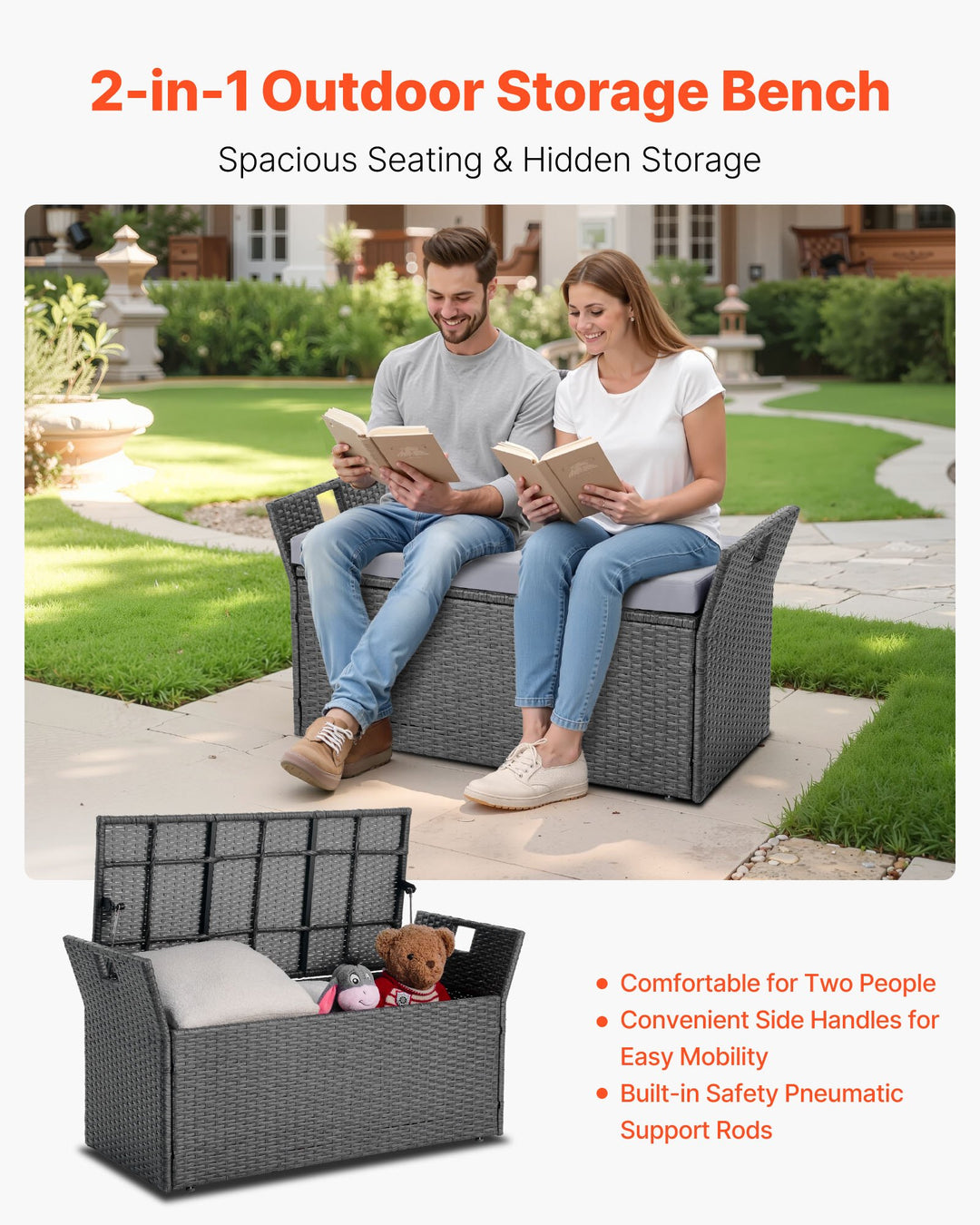 Outdoor Storage Bench with Cushion – 40-Gal PE Rattan Deck Box