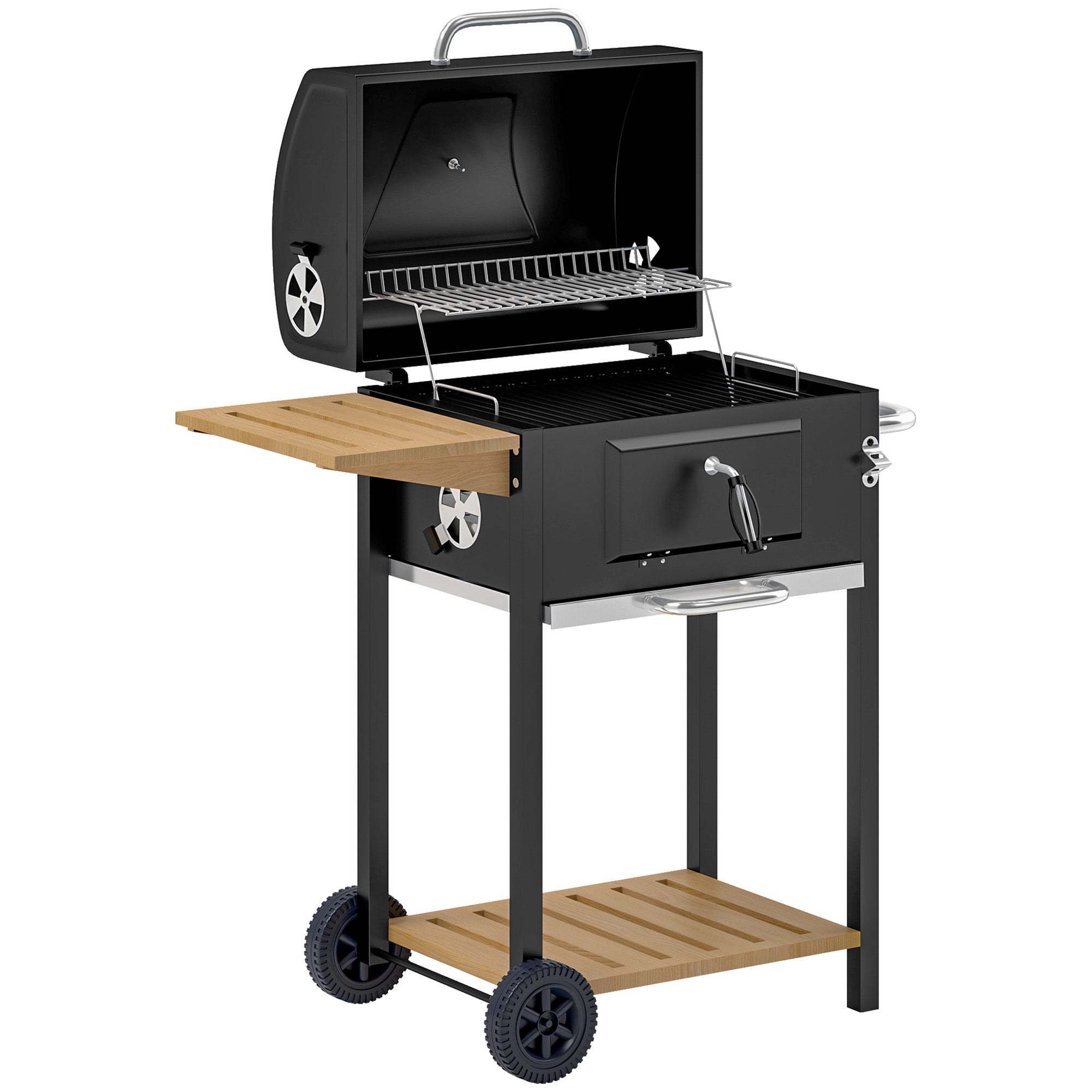 Charcoal BBQ Grill, Outdoor Portable Cooker for Camping or Backyard Picnic, Barbecue Grill with Side Table, Bottom Storage Shelf, Wheels and Handle, Black
