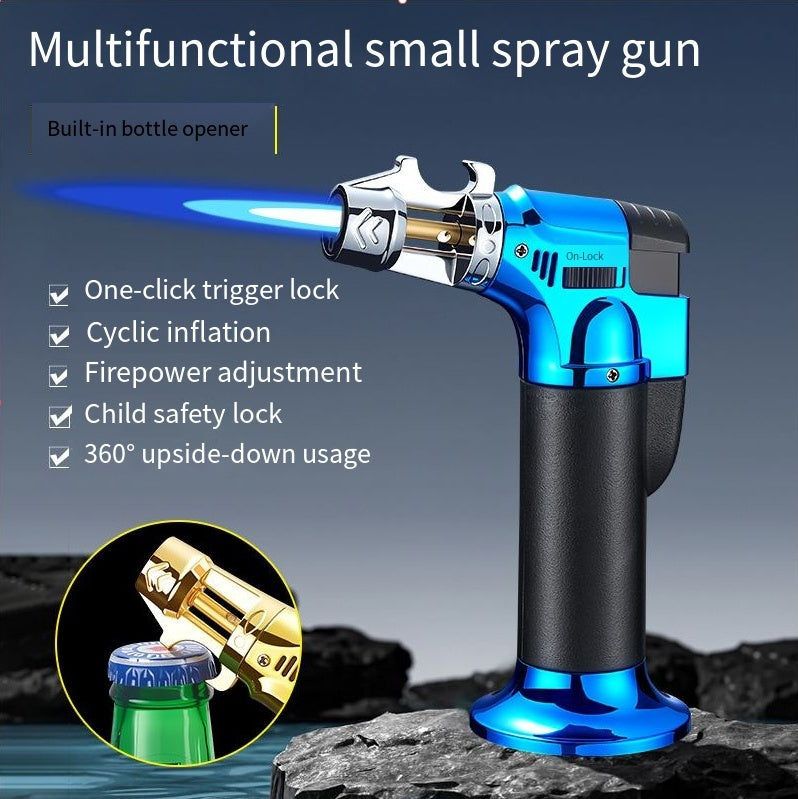 Windproof BBQ Lighter & Multi-Tool with Built-In Bottle Opener and Cigar Holder, Outdoor Portable Barbecue and Baking Kit, Black