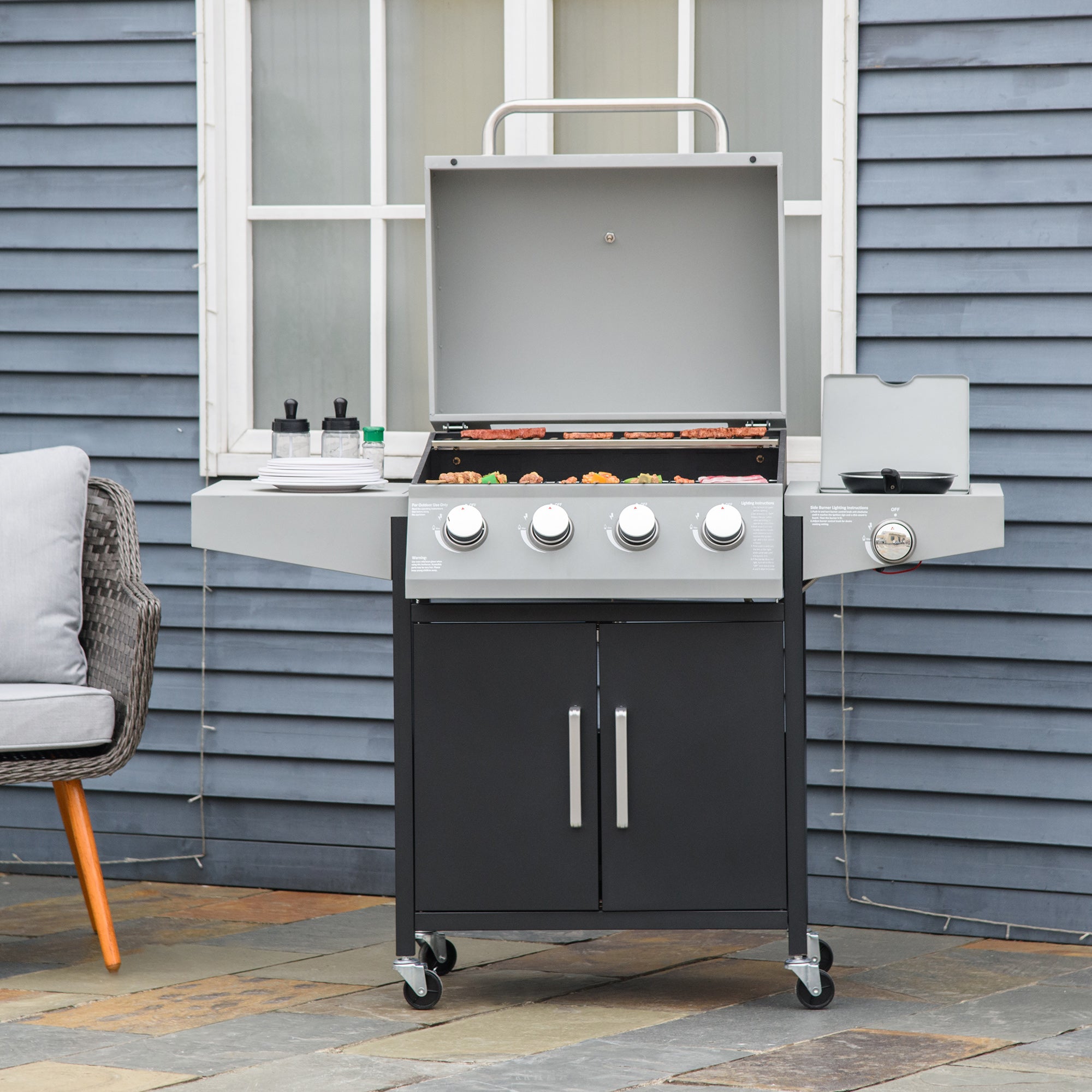 52" Outdoor Propane Gas Grill, Side Burner, Warming Rack & Storage Cabinet