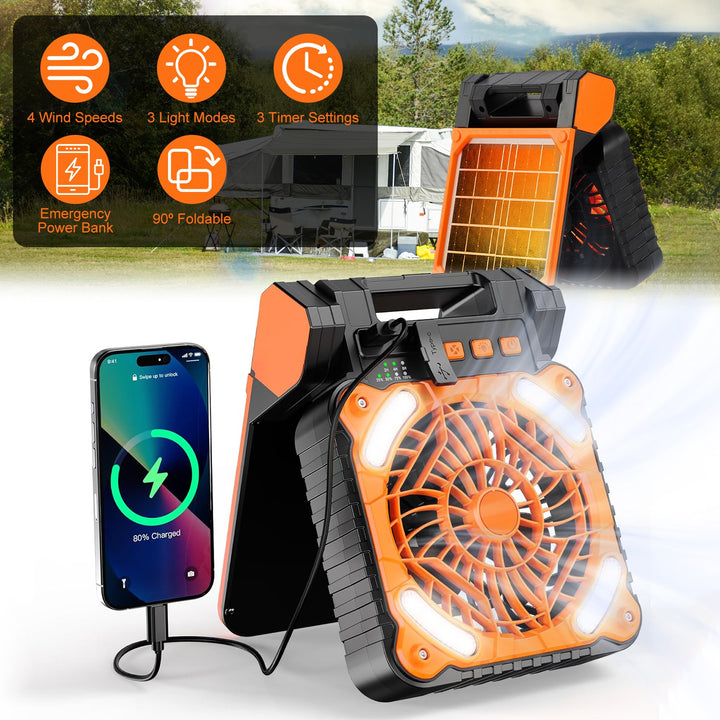 Solar Beach &amp; Pool Fan with LED Lantern | 5200mAh Rechargeable, 4 Speeds &amp; Power Bank