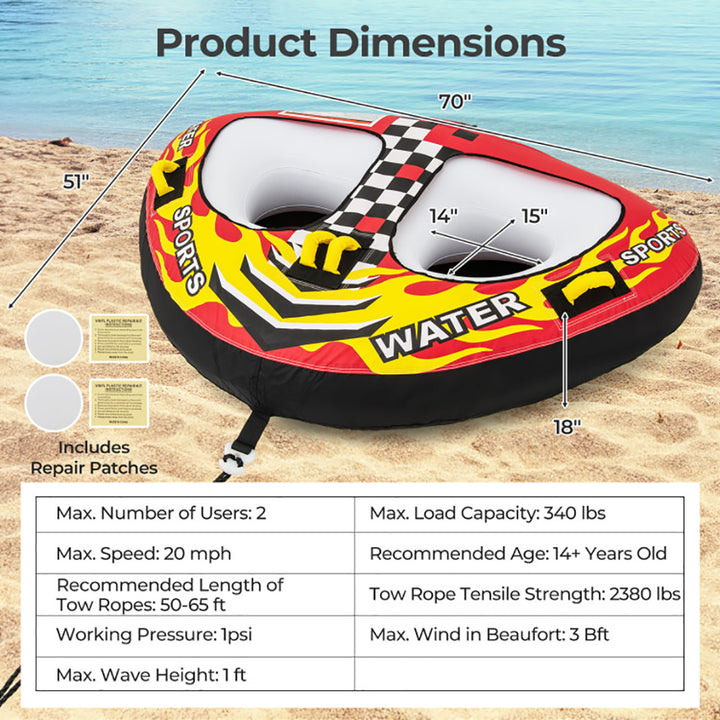 1-2 Person Inflatable Towable Tube | Boating Water Tube with Quick Connector