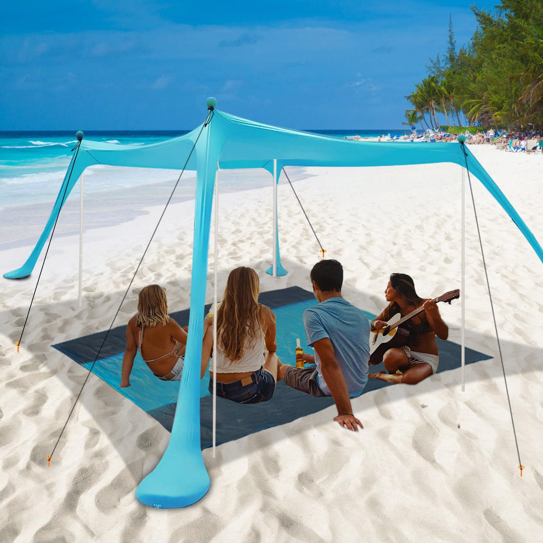 Beach Canopy Sun Shelter 11x11 FT with 4 Poles and Beach Blanket