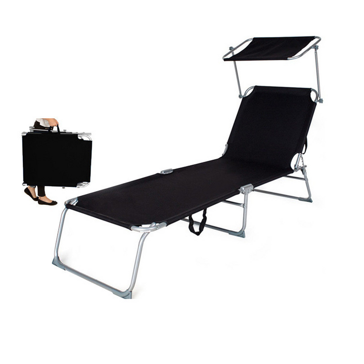 Outdoor Folding Lounge Chair with Awning – Tri-Fold Camping Bed