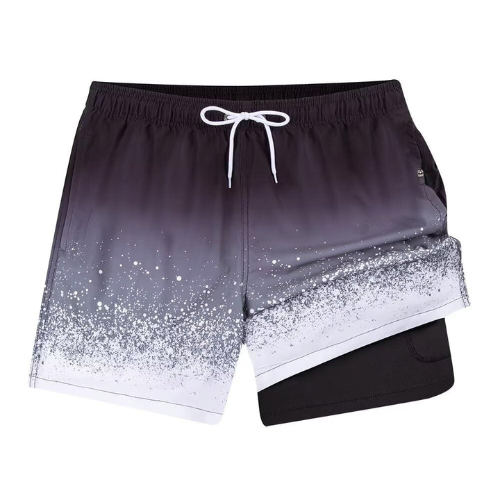 FREDRM Mens Swim Trunks with Compression Liner Quick Dry Bathing Suit Stretch Beach Board Shorts with Zipper Pockets (A-Black Grey XL)