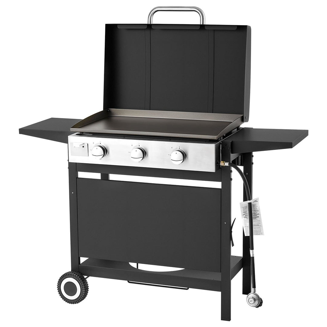 Gas Griddle, 3-Burner Flat Top Grill, Propane Griddle With Wheels, Lid, 3 X 11000 BTU Outdoor Flat Top Grills For Pan-Frying, Grilling, Stir-Frying, &amp; BBQ, Pulse Ignition, Removable Top Design