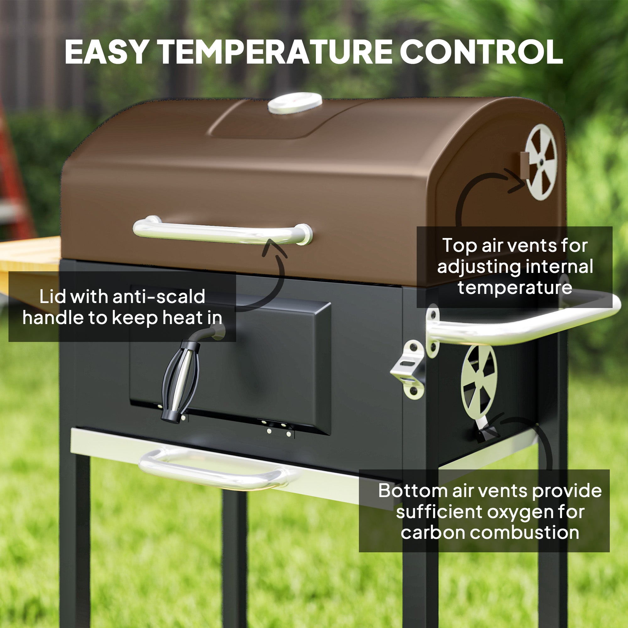 Charcoal BBQ Grill, Outdoor Portable Cooker for Camping or Backyard Picnic, Barbecue Grill with Side Table, Bottom Storage Shelf, Wheels and Handle, Black