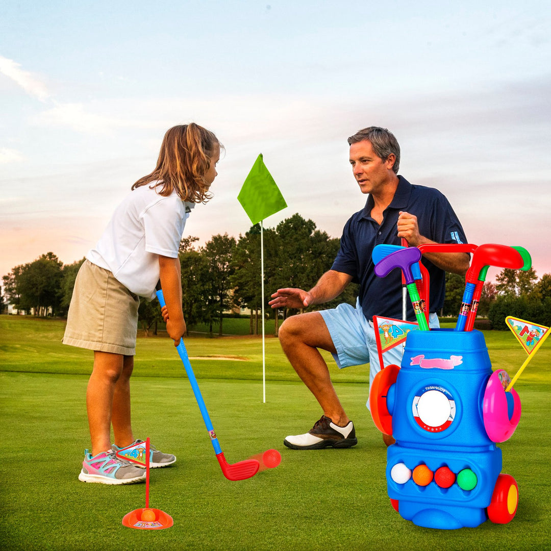 Toddler Golf Set with 4 Clubs, 4 Balls, Golf Cart, 2 Holes &amp; Flags | Kids Indoor &amp; Outdoor Golf Toy