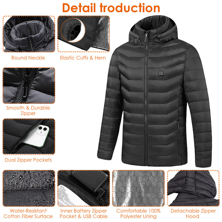 USB Heated Jacket – 8 Heating Zones, Detachable Hood