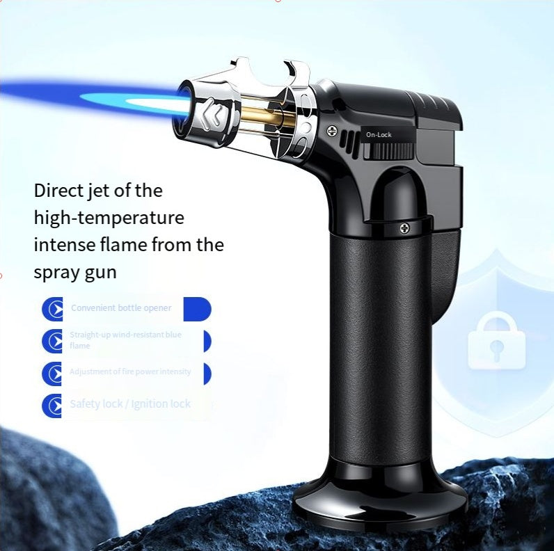 Windproof BBQ Lighter & Multi-Tool with Built-In Bottle Opener and Cigar Holder, Outdoor Portable Barbecue and Baking Kit, Black