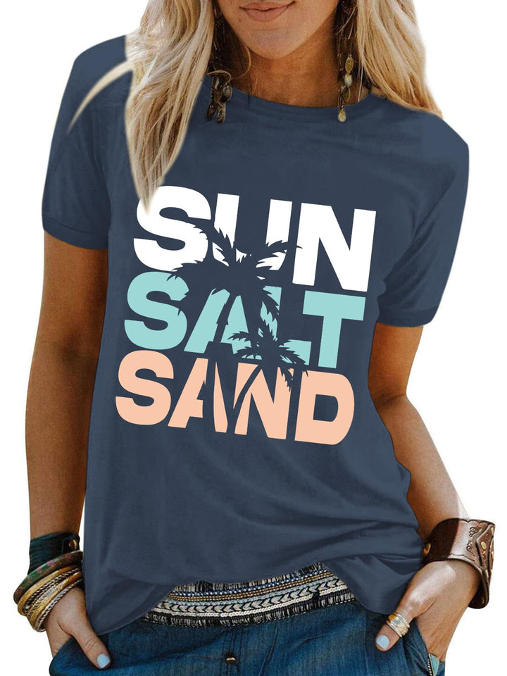 Werbavi Beach Sun Salt Sand Tshirt for Women Coconut Tree Letter Graphic Tees Summer Vacation Shirts Loose Fit Casual Tops(Navy BlueM)