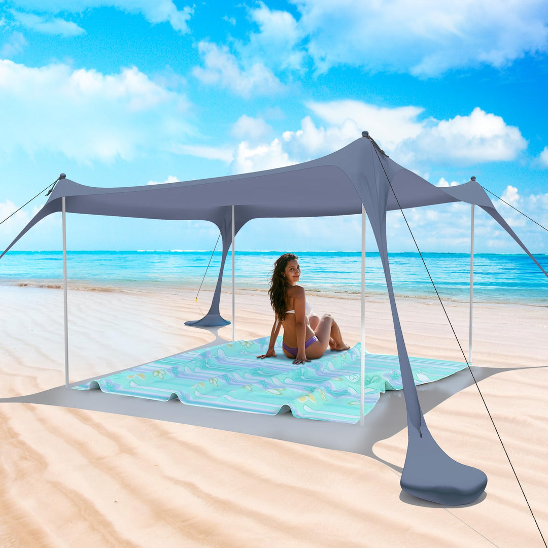 Zeepair Beach Tent Pop Up Shade Canopy Sun Shelter UPF50+ with 4 Stability Poles/Carry Bag/Ground Pegs/Sand Shovel/Windproof Ropes Portable Outdoor Family Sunshade for Camping Picnic (Grey 10×10FT)
