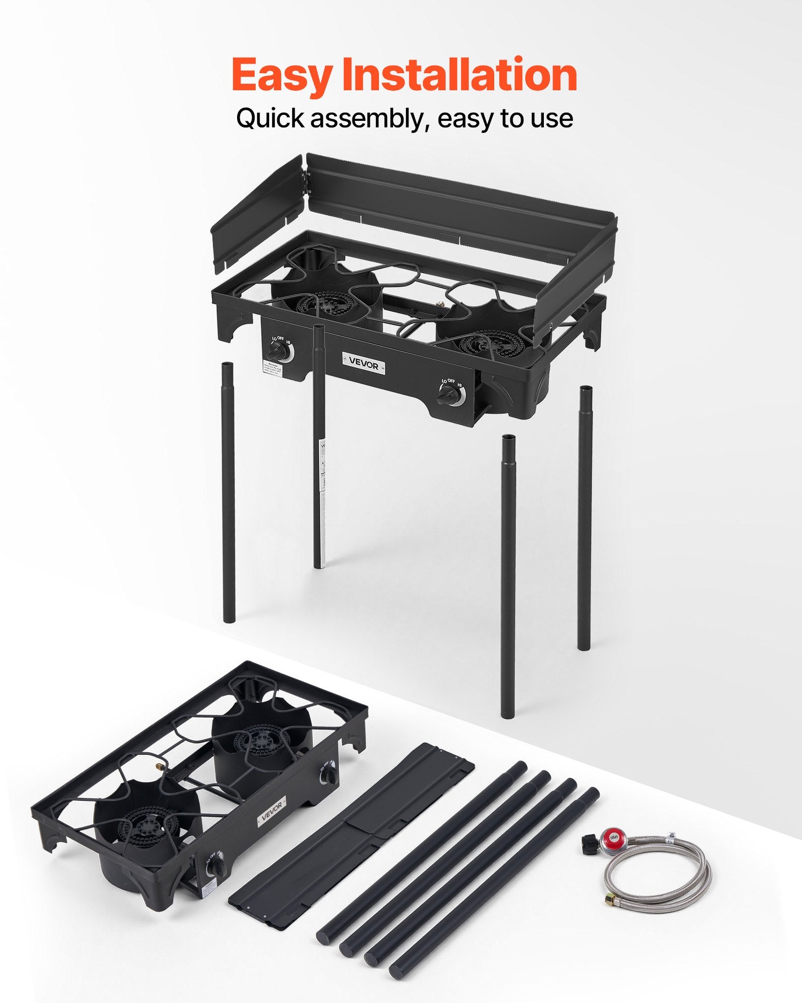2 Burner Outdoor Propane Gas Stove, 150,000 BTU Propane LPG Gas Camping Stove, Heavy Duty Carbon Steel Outdoor Cooker, With Shield & Tall Stand & PSI Regulator, For BBQ Camp Home Patio Backyard