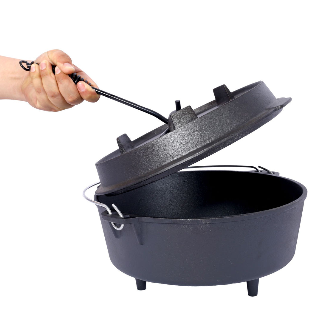 Pre-Seasoned Cast Iron Dutch Oven for Camping, Fireplace Cooking, BBQ &amp; Baking, with Lid &amp; Leg Base