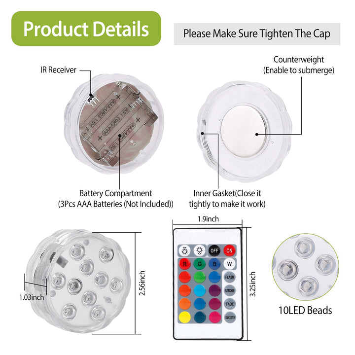 RGB Submersible Pool Lights | 4-Pack with Remote | IP68 Waterproof | 16 Color Modes