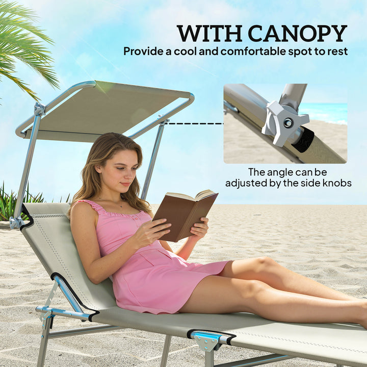 Outdoor Pool Chaise Lounge Chair | Folding Tanning Chair with Detachable Sun Shade | Cream White