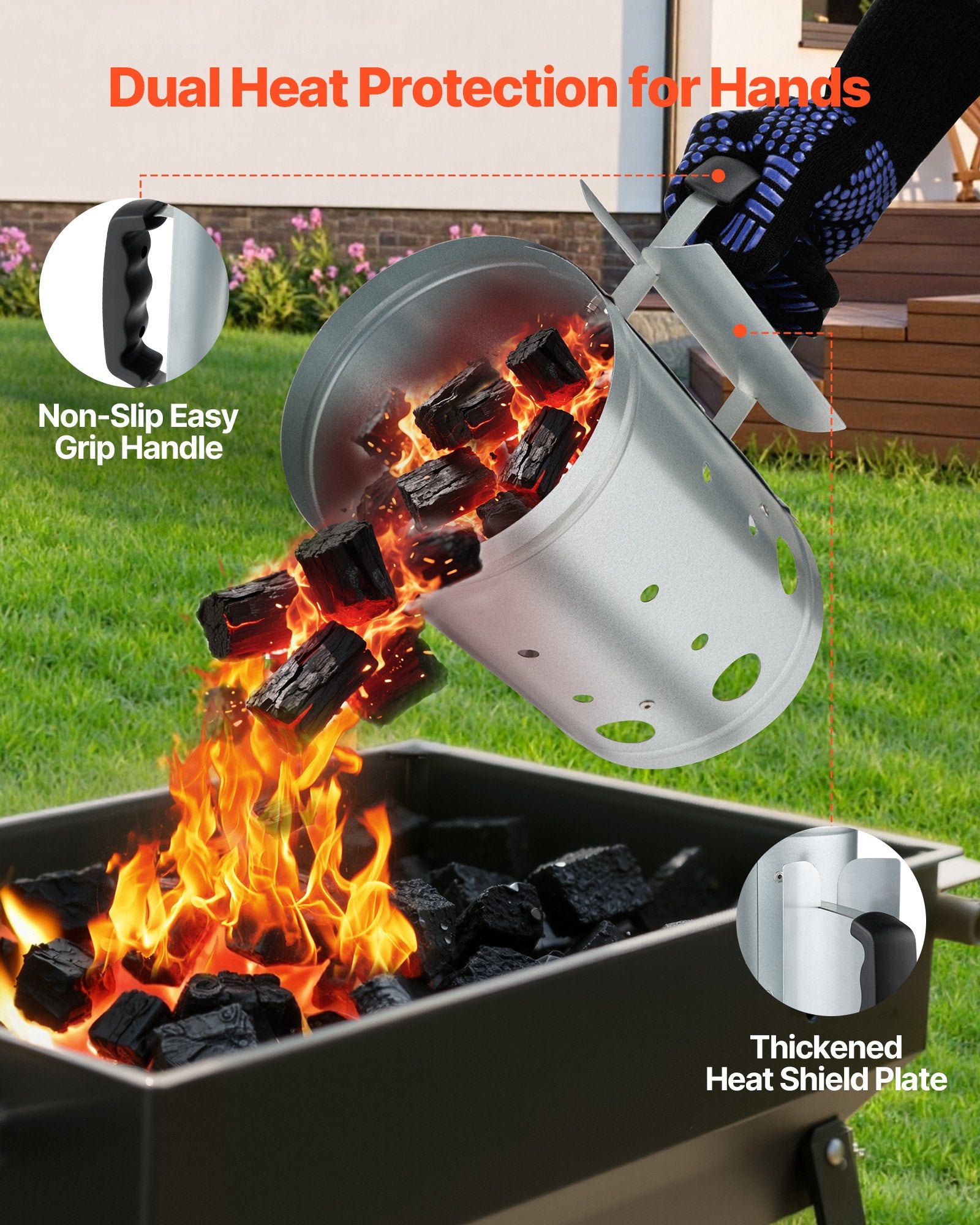 Charcoal Chimney Starter Heavy Duty Steel 4 Lbs Capacity BBQ Grill Fireplace