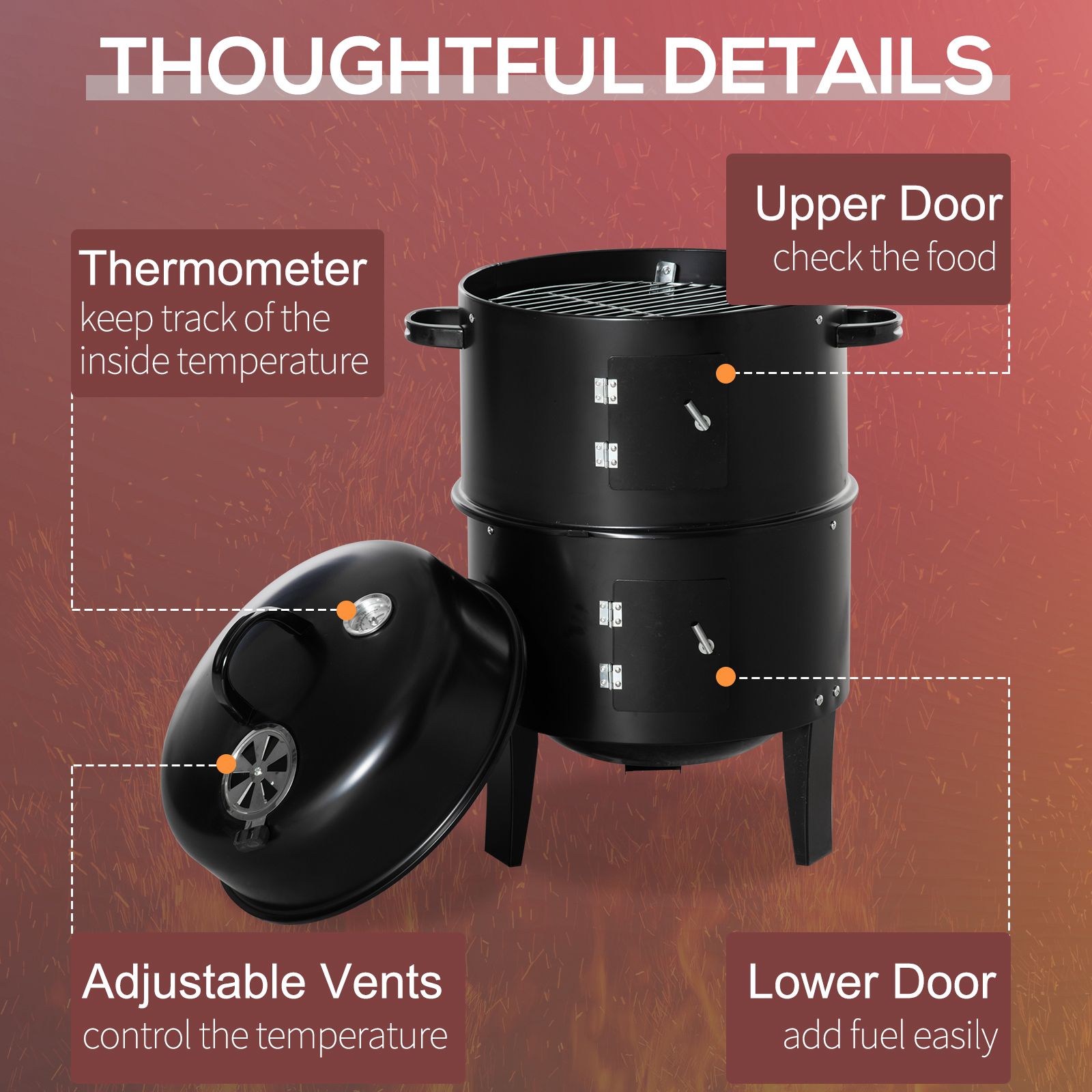 3-in-1 Vertical Charcoal BBQ Smoker Grill with 2 Cooking Areas and Thermometer