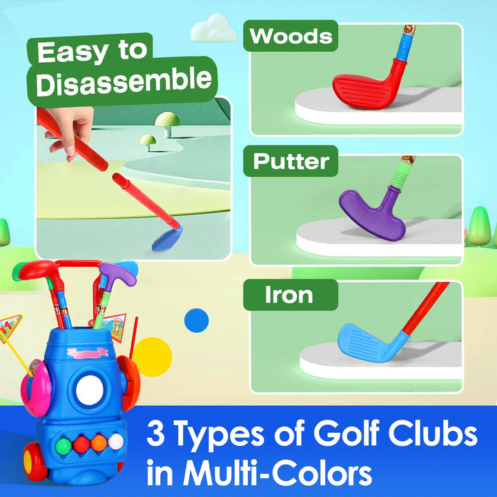 Toddler Golf Set with 4 Clubs, 4 Balls, Golf Cart, 2 Holes &amp; Flags | Kids Indoor &amp; Outdoor Golf Toy