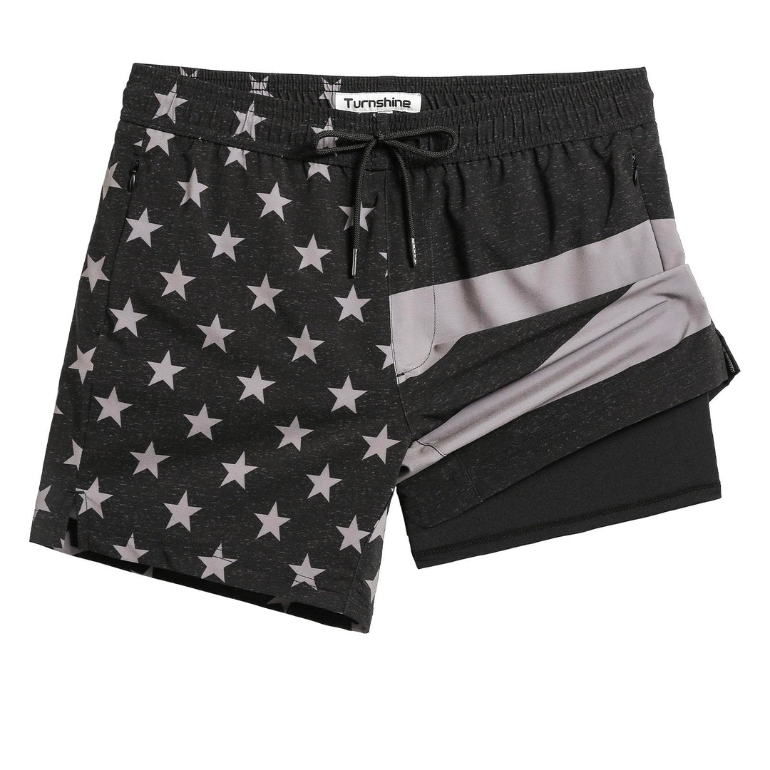 Mens Swim Trunks with Compression Liner 5" Stretch Beach Shorts Quick Dry Bathing Suit Board Shorts Zipper Pockets Star Gray-Black X-Large