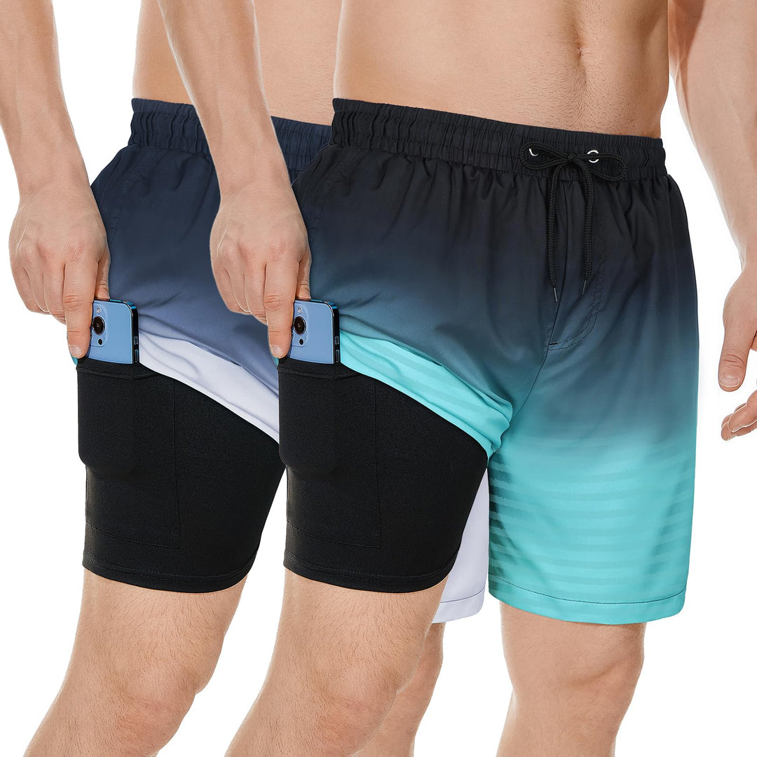American Trends 2 Pack Mens Swim Trunks 7 Inch Inseam Beach Shorts with Pockets Mens Swimming Trunks with Compression Liner Black Grey Gradient &amp; Black Blue Gradient XL