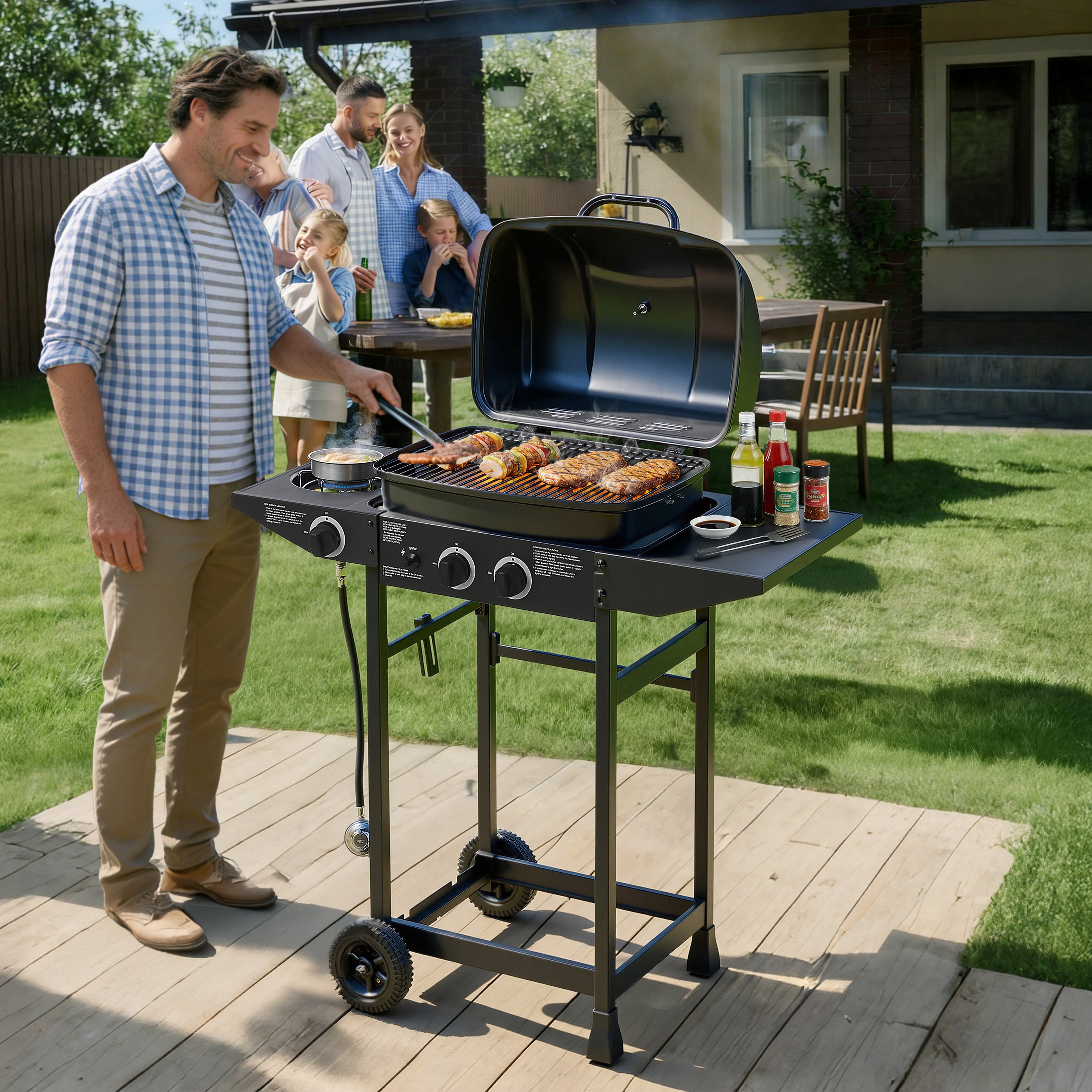 2-Burner Outdoor Propane Gas Grill | 24,000 BTU | Side Burner & Side Tables