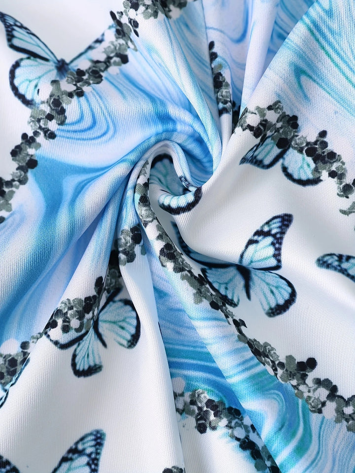 Blue Butterfly Marble Print Two-Piece Suit Set