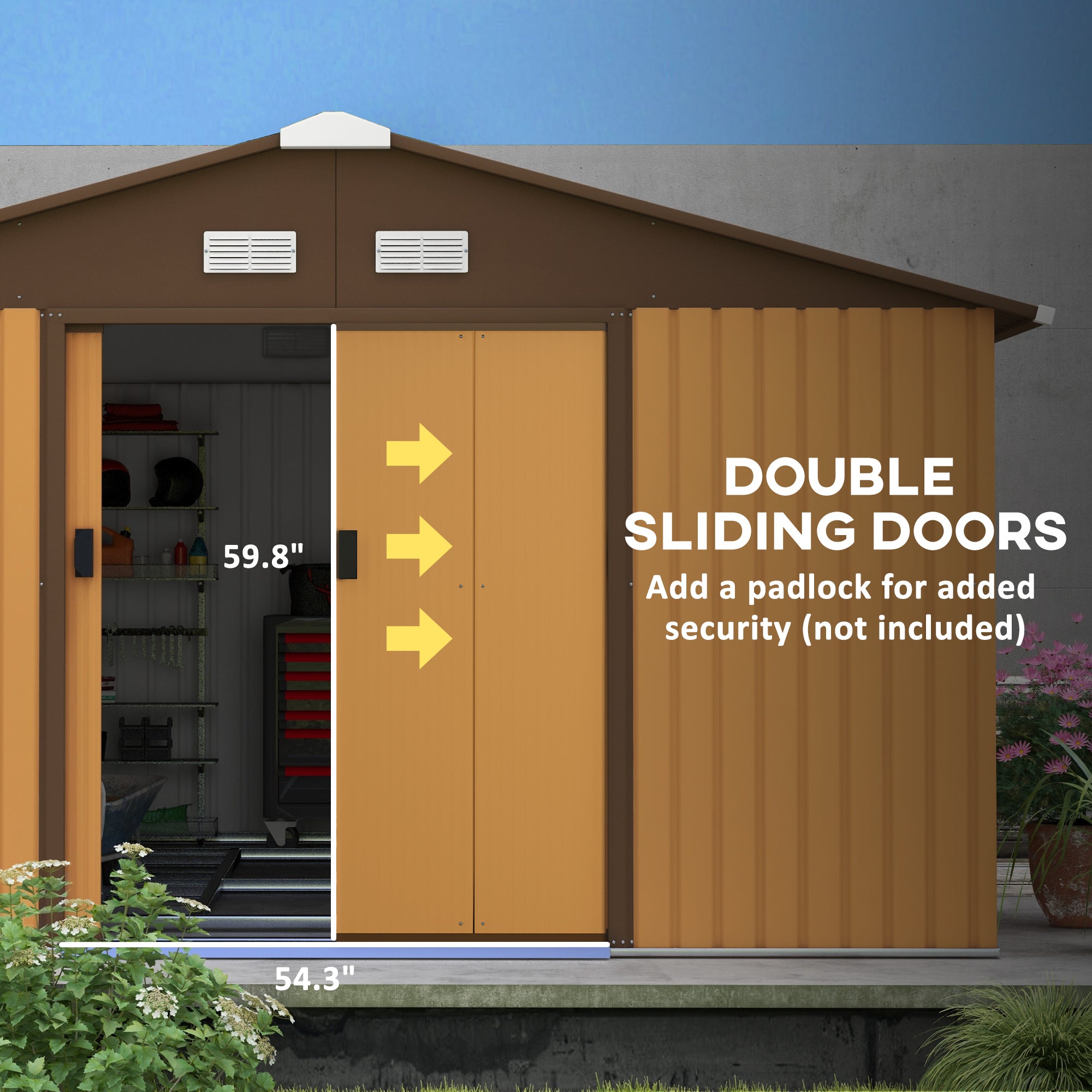 Garden Metal Shed, Storage Shed & Utility Storage with Double Locking Doors for Bike, Yard Tools, Brown