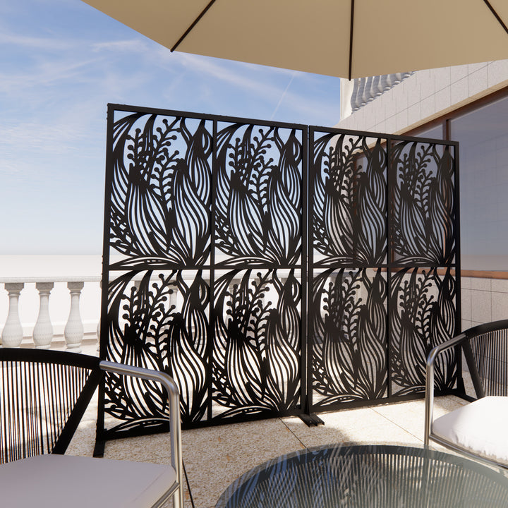Metal Privacy Screens W3.8Ft X H6Ft Outdoor And Indoor Divider With Free Standing Decorative Privacy Screen For Balcony Patio Garden Room Divider, Black Leaf Shape