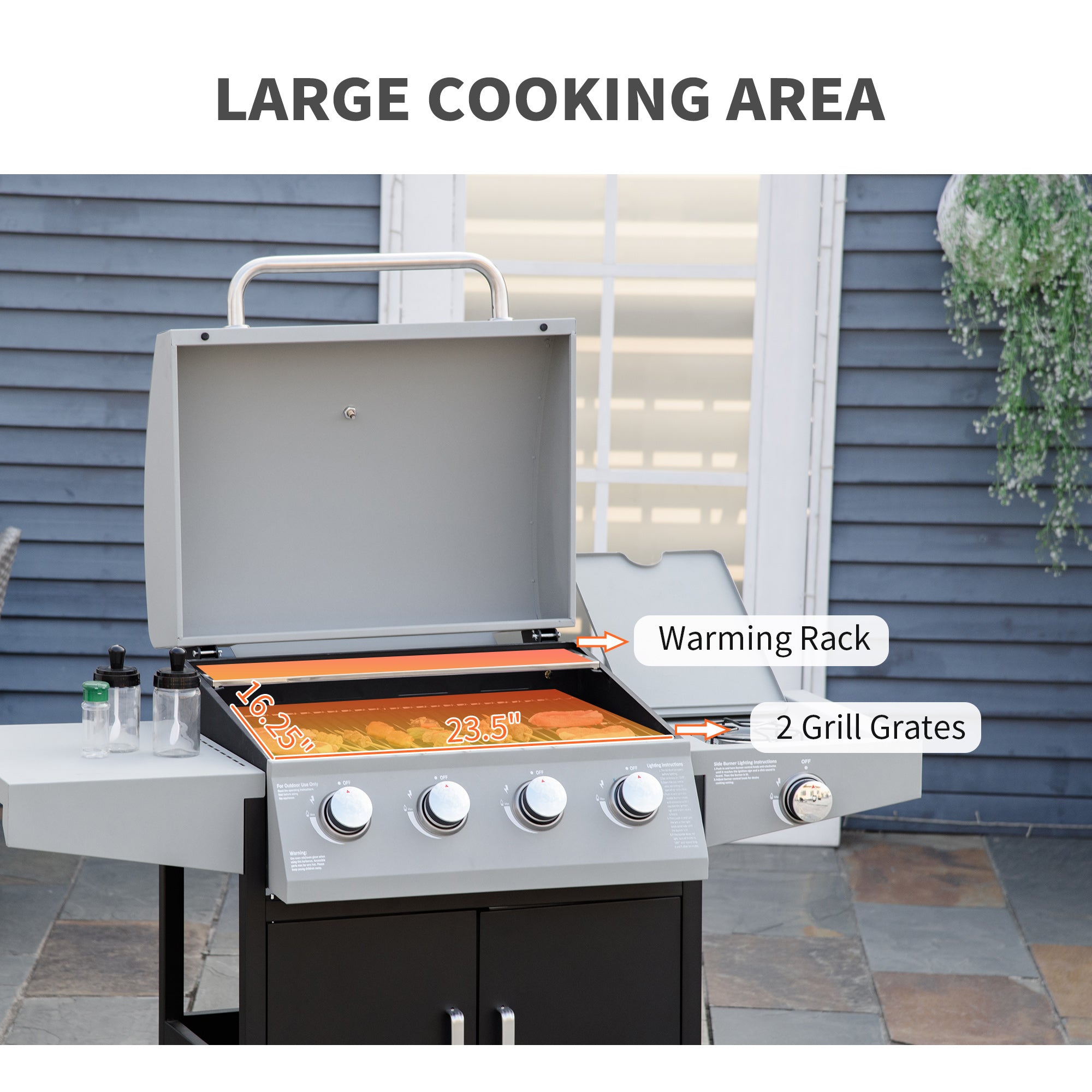 52" Outdoor Propane Gas Grill, Side Burner, Warming Rack & Storage Cabinet
