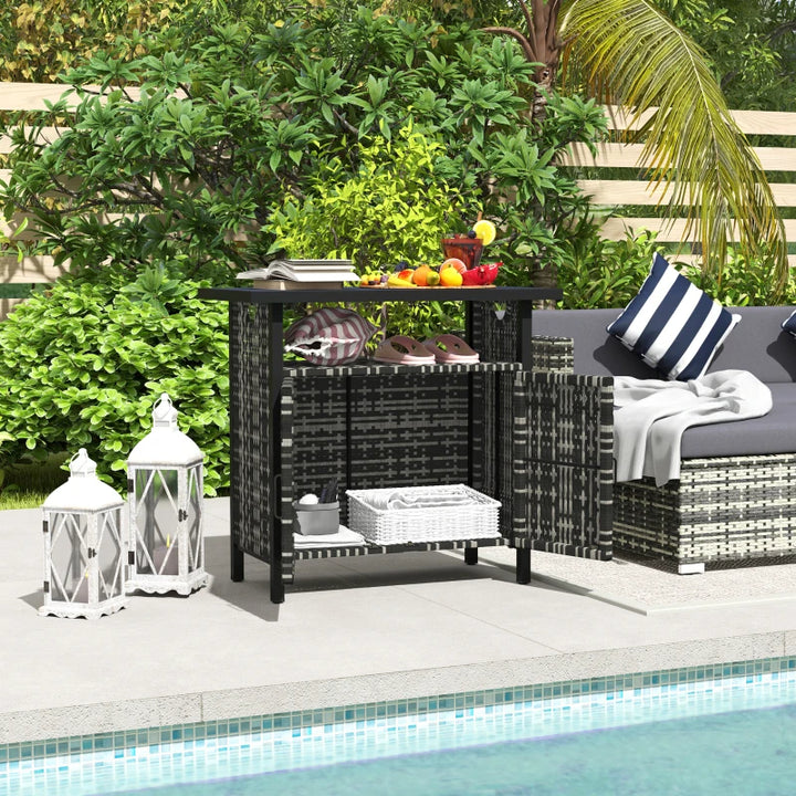 Outdoor Pool Towel Storage Cabinet | PE Rattan &amp; Steel | Mixed Gray
