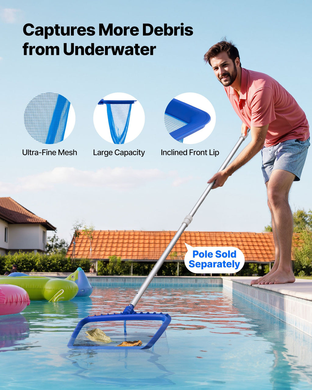 4-in-1 Pool Cleaning Kit | Deep Skimmer Net, Leaf Net & 2 Brush Heads