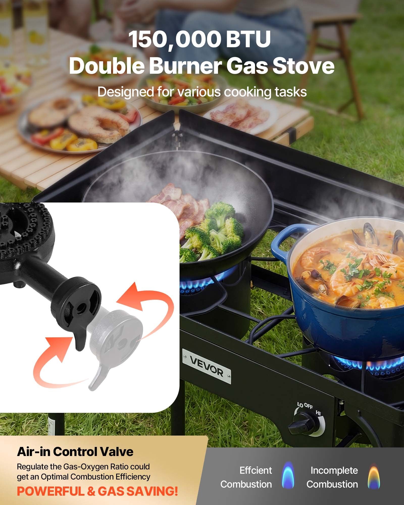 2 Burner Outdoor Propane Gas Stove, 150,000 BTU Propane LPG Gas Camping Stove, Heavy Duty Carbon Steel Outdoor Cooker, With Shield & Tall Stand & PSI Regulator, For BBQ Camp Home Patio Backyard