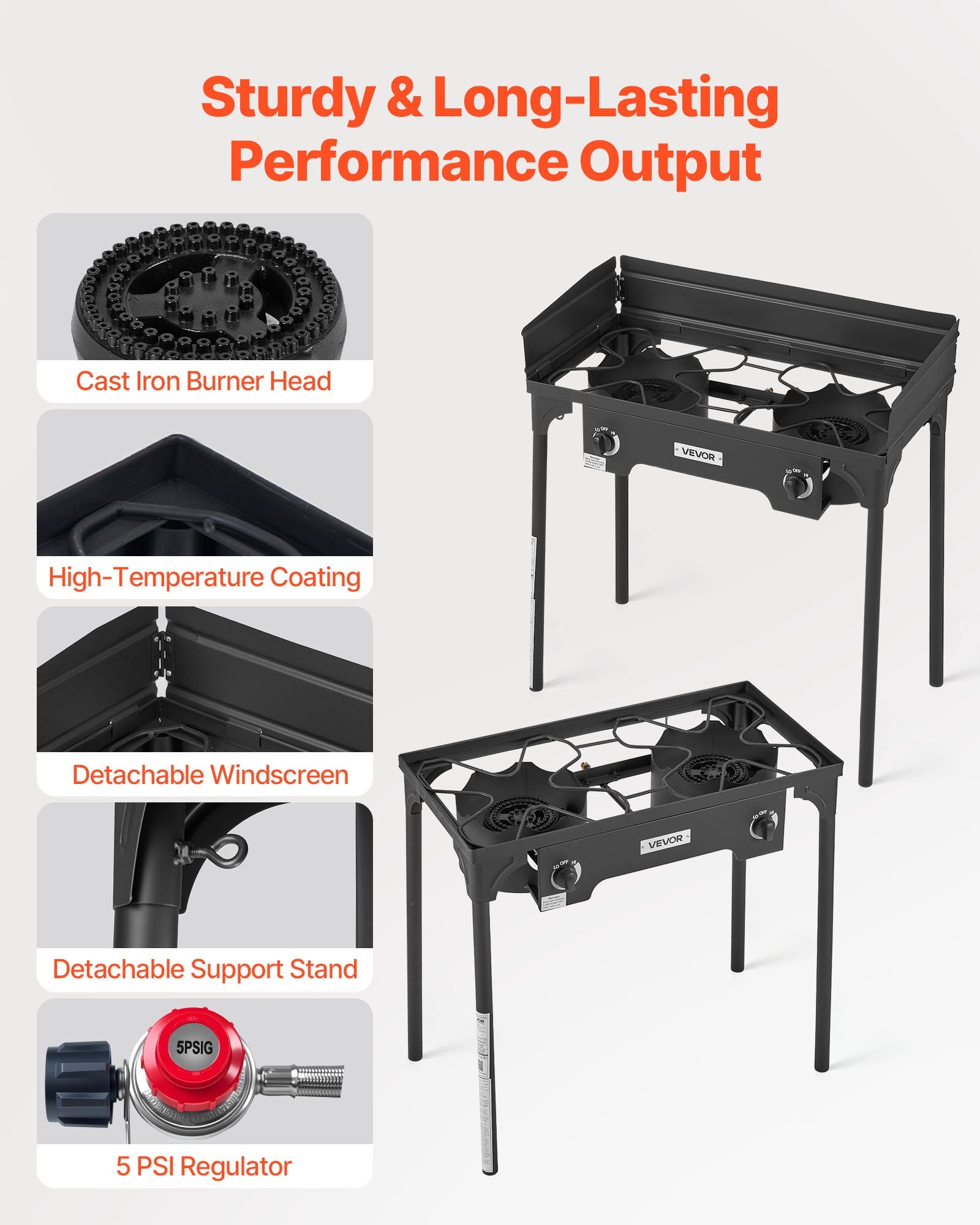 2 Burner Outdoor Propane Gas Stove, 150,000 BTU Propane LPG Gas Camping Stove, Heavy Duty Carbon Steel Outdoor Cooker, With Shield & Tall Stand & PSI Regulator, For BBQ Camp Home Patio Backyard