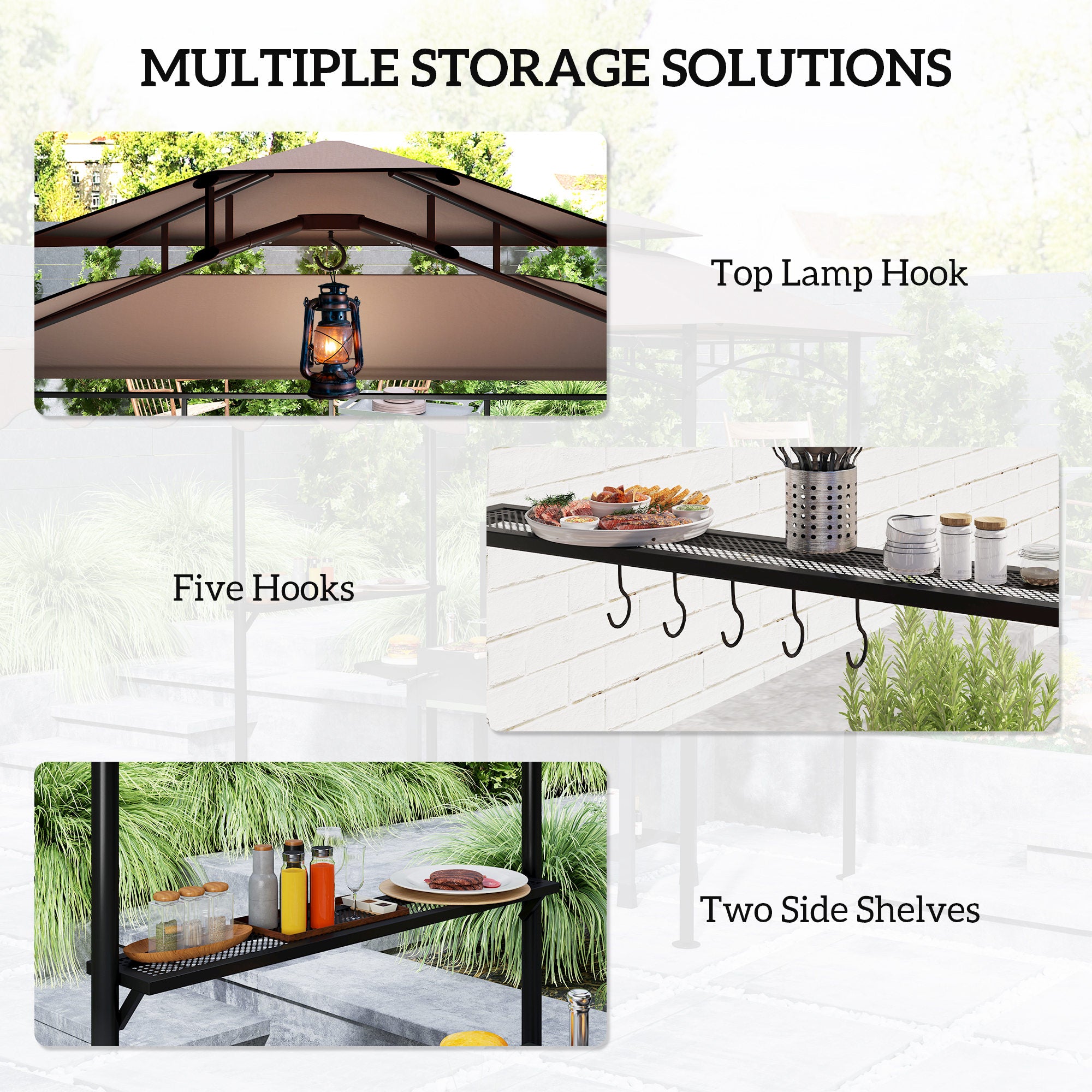 8' x 5' Outdoor Grill Gazebo, Barbecue Gazebo Shelter with Side Awning, 2 Side Shelves and 6 Hooks, Brown