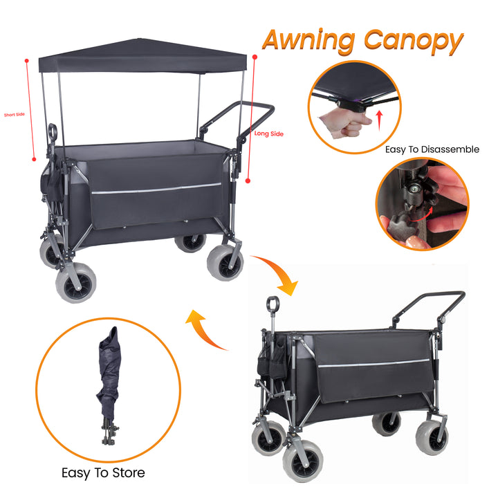 Multi- Functional Push- Pull Folding Wagon Cart With Rotating Handle &amp; Canopy  9 X4  Beach Tires For Camping &amp; Beach  Load Capacity 480lbs  300L Large Capacity For Transport  Groceries  Outdoor Use