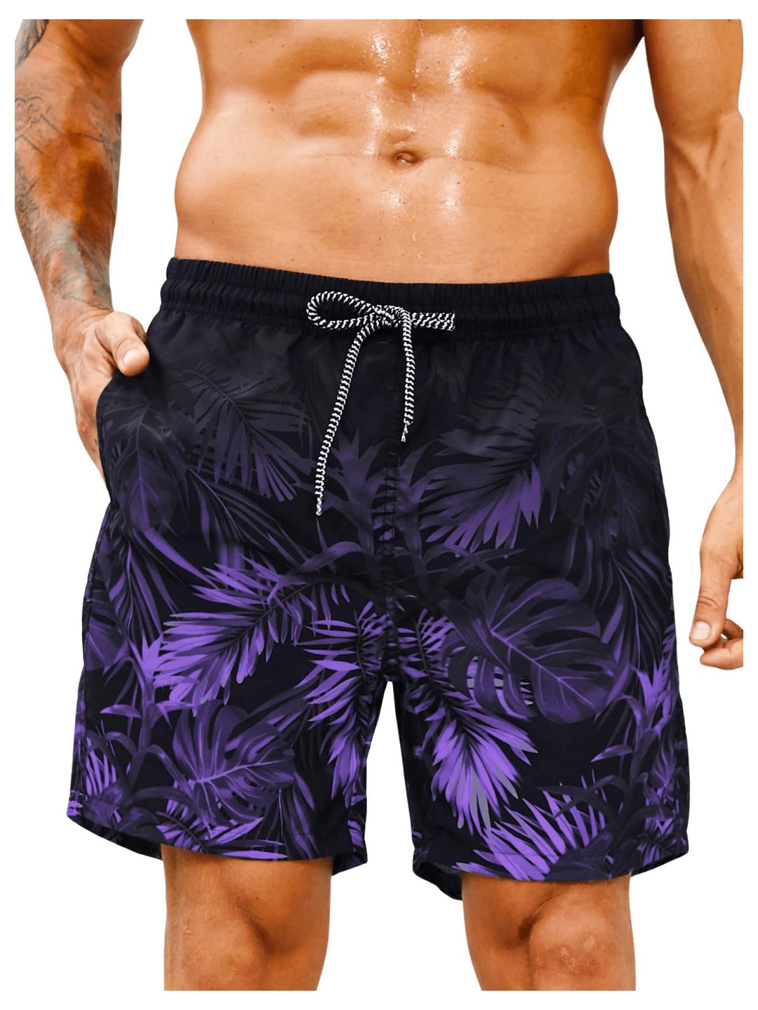 Verdusa Mens Tropical Print Drawstring Waist Swim Trunks Beach Shorts Purple X-Large