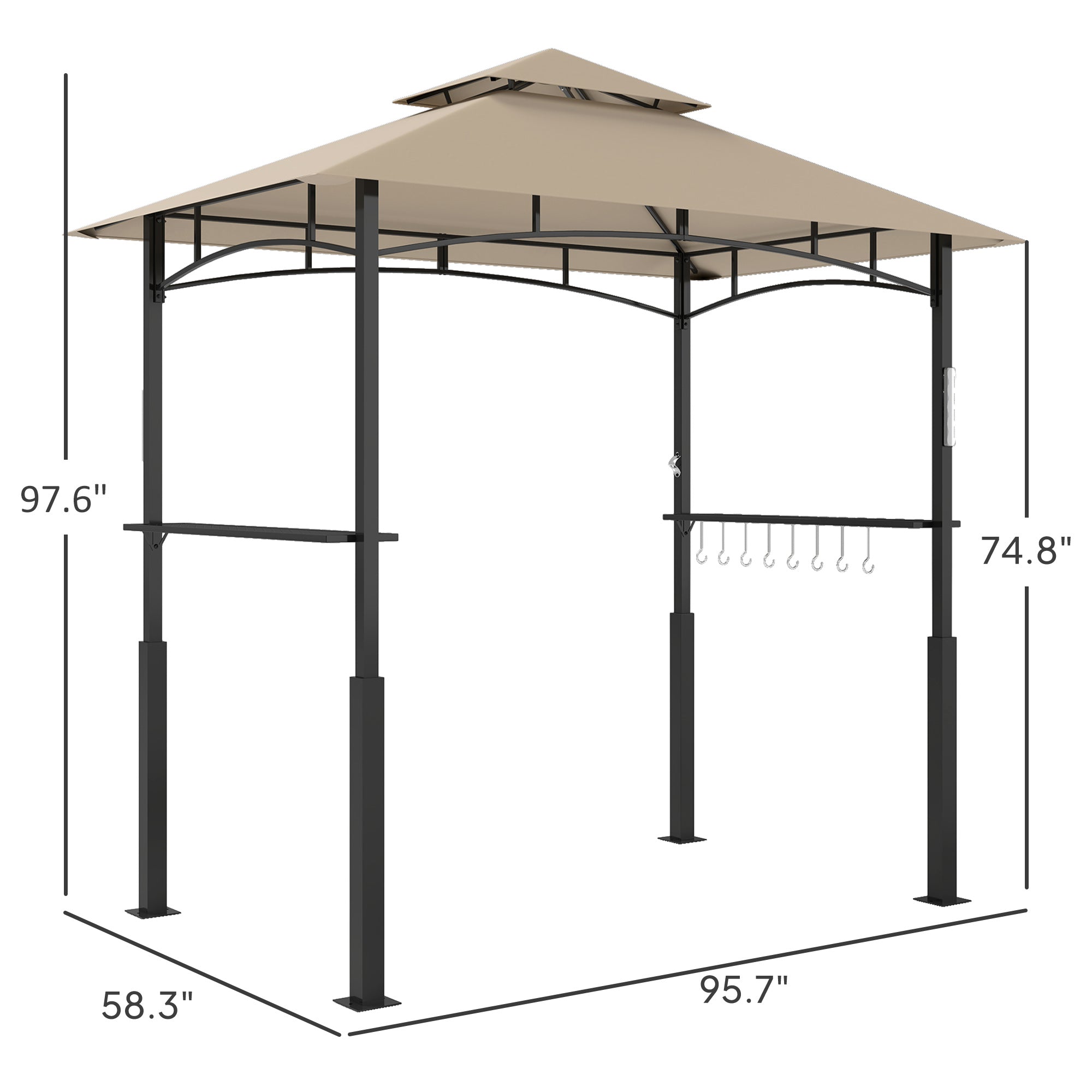 8' X 5' Outdoor Grill Gazebo, Barbecue Gazebo Shelter With LED Light, 2 Side Shelves, Hooks, Bottle Opener, Khaki