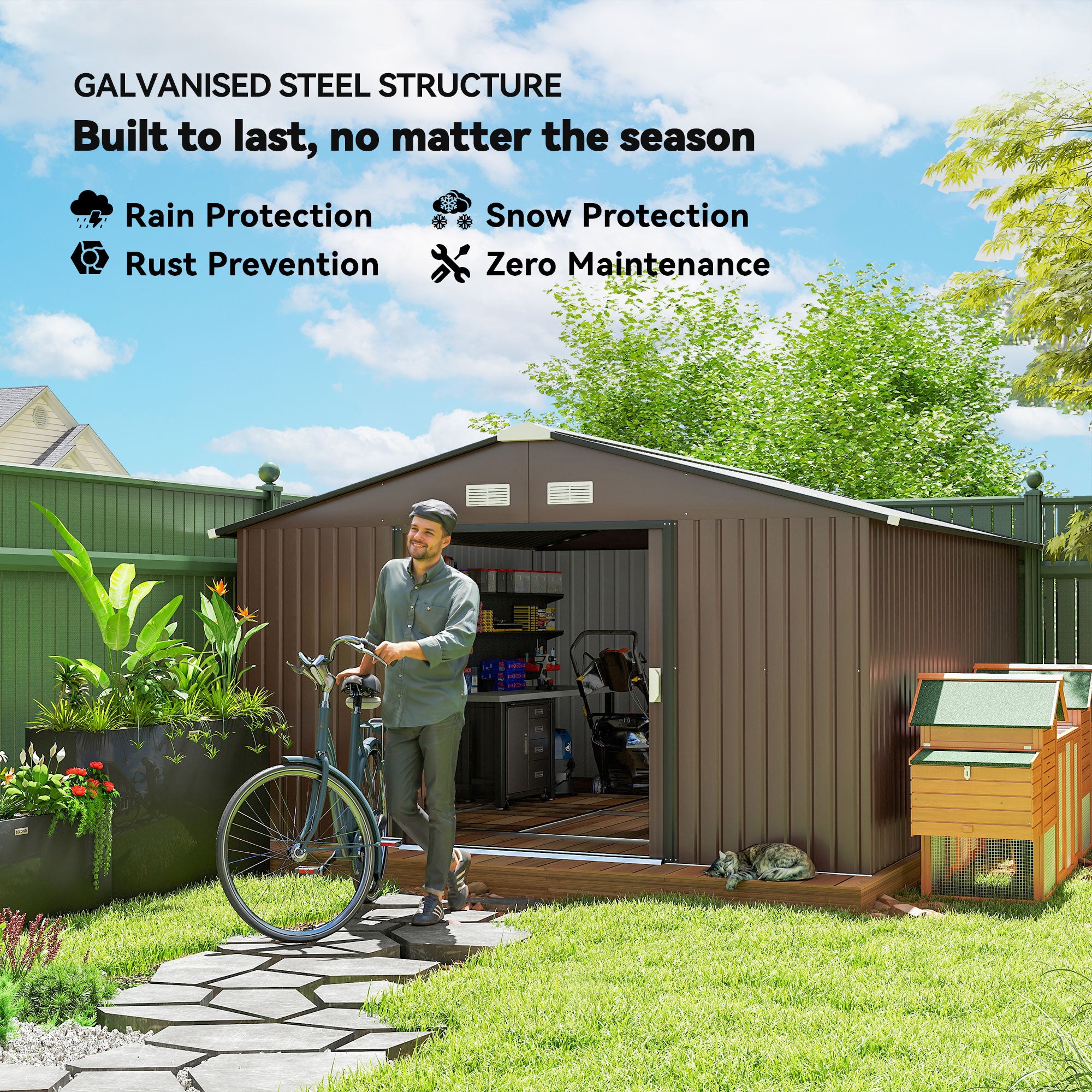 Garden Metal Shed, Storage Shed Utility Storage with Double Locking Doors for Bike, Yard Tools, Brown